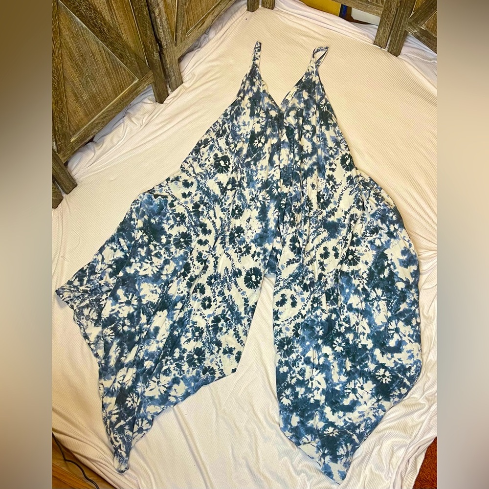 Harem Style Oversized Asymmetrical Jumpsuit, Indigo Blue and white - Size XS